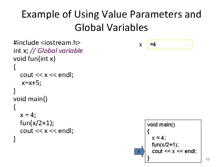 Example of Using Value Parameters and Global Variables #include <iostream. h> int x; //