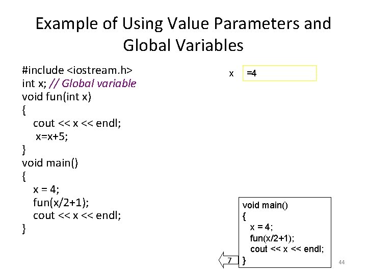 Example of Using Value Parameters and Global Variables #include <iostream. h> int x; //