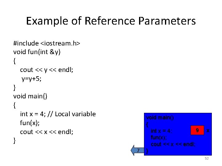 Example of Reference Parameters #include <iostream. h> void fun(int &y) { cout << y