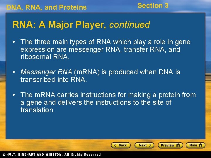 DNA, RNA, and Proteins Section 3 RNA: A Major Player, continued • The three