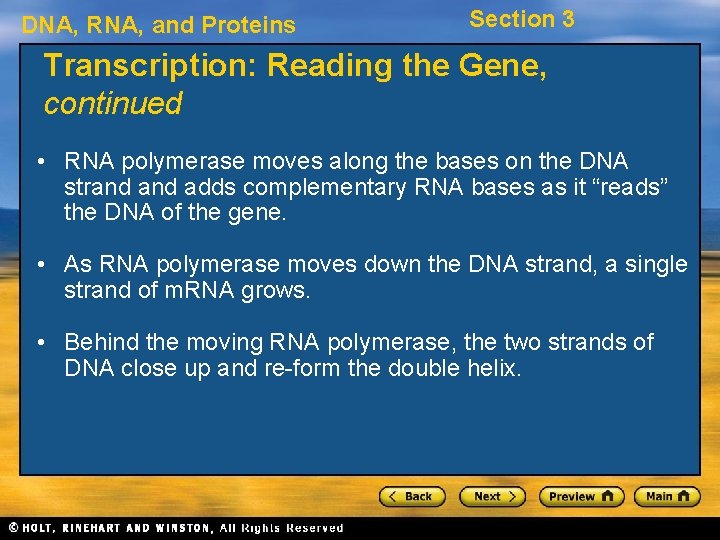 DNA, RNA, and Proteins Section 3 Transcription: Reading the Gene, continued • RNA polymerase
