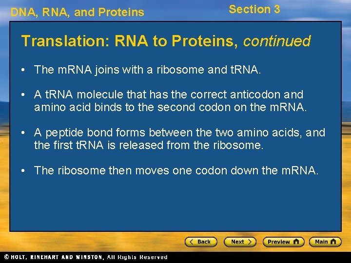 DNA, RNA, and Proteins Section 3 Translation: RNA to Proteins, continued • The m.