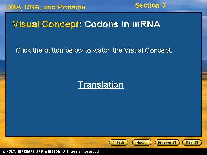 DNA, RNA, and Proteins Section 3 Visual Concept: Codons in m. RNA Click the