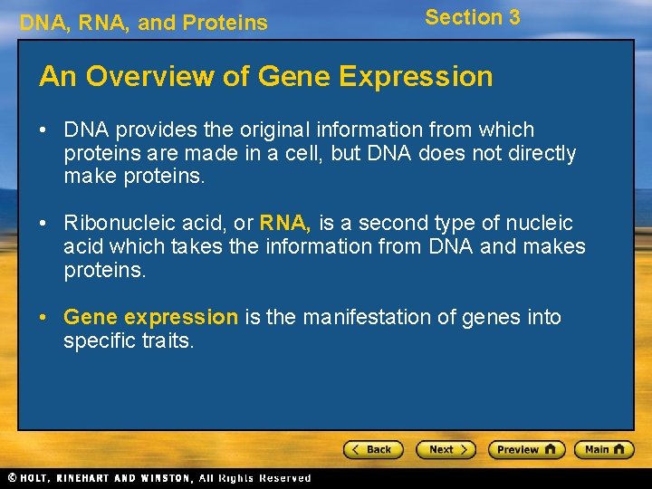 DNA, RNA, and Proteins Section 3 An Overview of Gene Expression • DNA provides