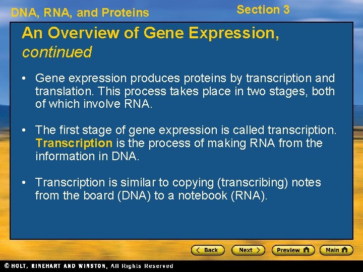 DNA, RNA, and Proteins Section 3 An Overview of Gene Expression, continued • Gene