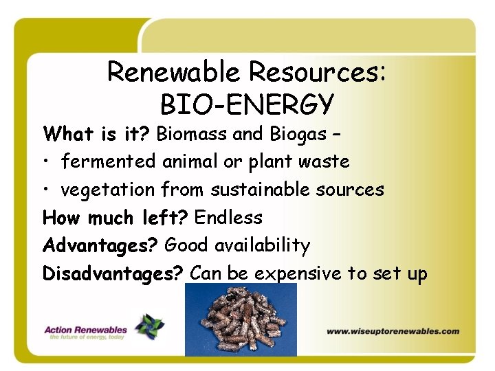 Renewable Resources: BIO-ENERGY What is it? Biomass and Biogas – • fermented animal or Renewable Resources: BIO-ENERGY What is it? Biomass and Biogas – • fermented animal or
