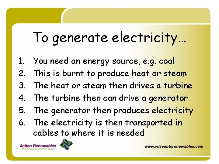 To generate electricity… 1. 2. 3. 4. 5. 6. You need an energy source, To generate electricity… 1. 2. 3. 4. 5. 6. You need an energy source,