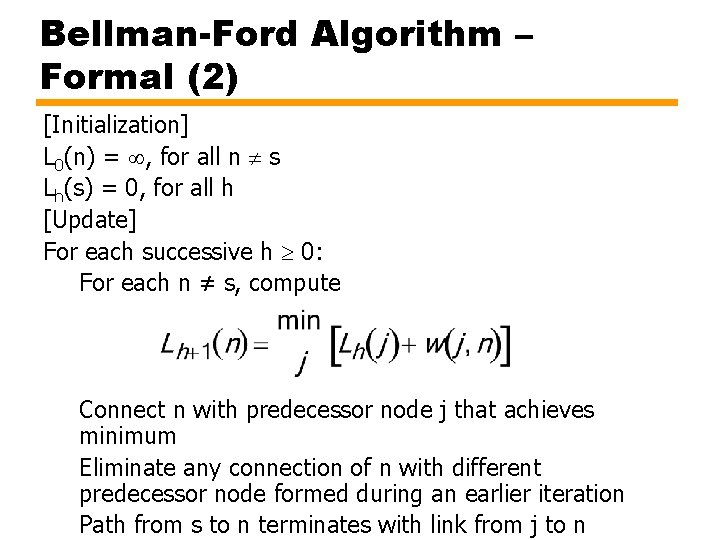 Bellman-Ford Algorithm – Formal (2) [Initialization] L 0(n) = , for all n s