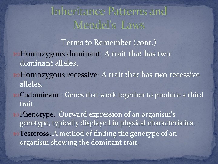 Inheritance Patterns and Mendel's Laws Terms to Remember (cont. ) Homozygous dominant: A trait