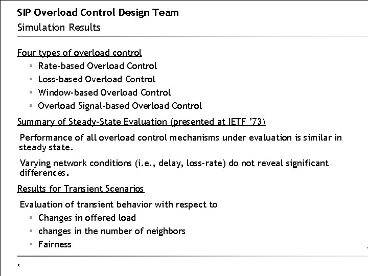 SIP Overload Control Design Team Simulation Results Four types of overload control Rate-based Overload