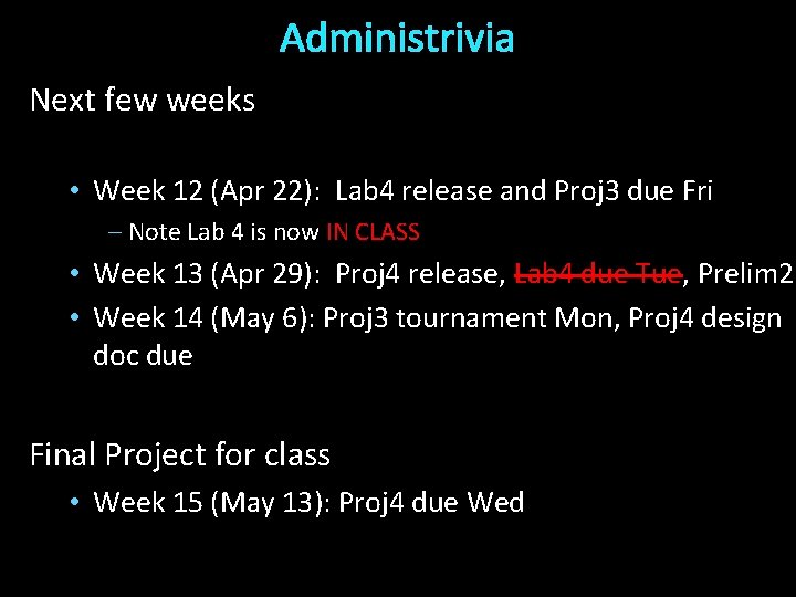 Administrivia Next few weeks • Week 12 (Apr 22): Lab 4 release and Proj