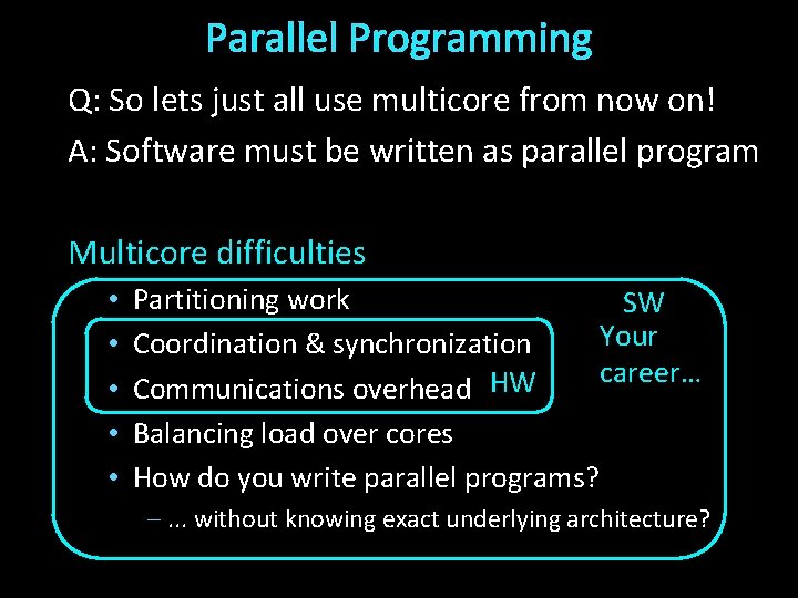 Parallel Programming Q: So lets just all use multicore from now on! A: Software