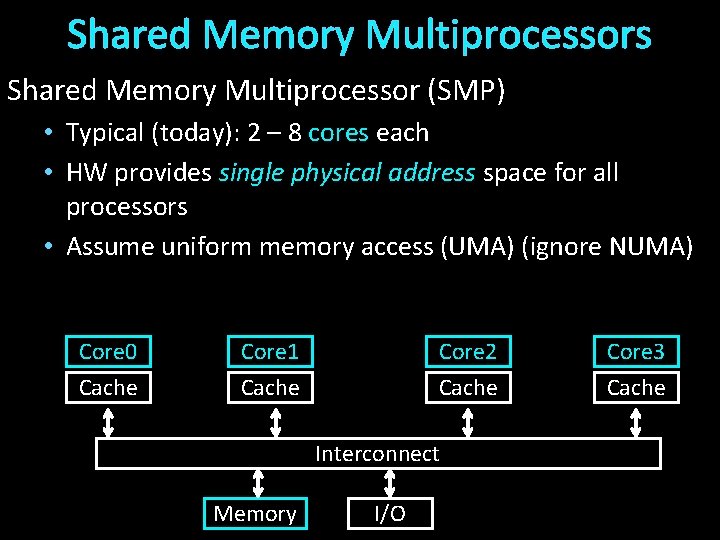 Shared Memory Multiprocessors Shared Memory Multiprocessor (SMP) • Typical (today): 2 – 8 cores