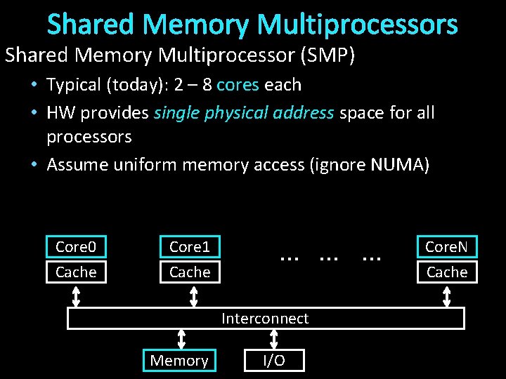 Shared Memory Multiprocessors Shared Memory Multiprocessor (SMP) • Typical (today): 2 – 8 cores