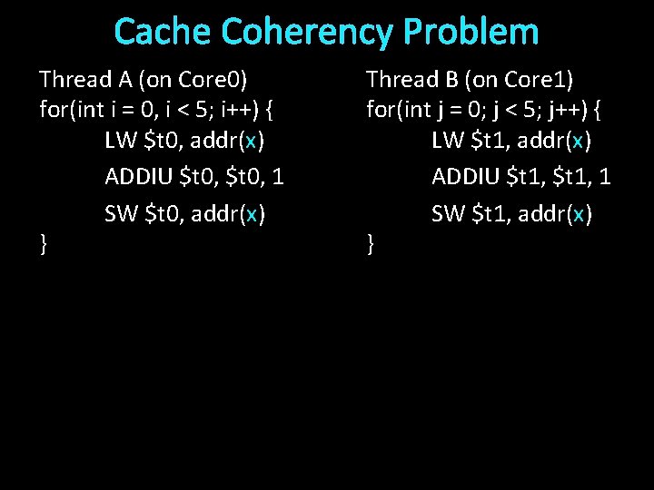 Cache Coherency Problem Thread A (on Core 0) for(int i = 0, i <