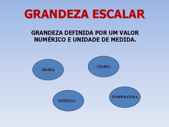 GRANDEZA ESCALAR GRANDEZA DEFINIDA POR UM VALOR NUMÉRICO E UNIDADE DE MEDIDA. TEMPO MASSA