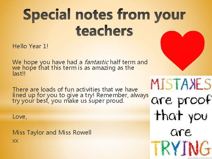 Hello Year 1! We hope you have had a fantastic half term and we