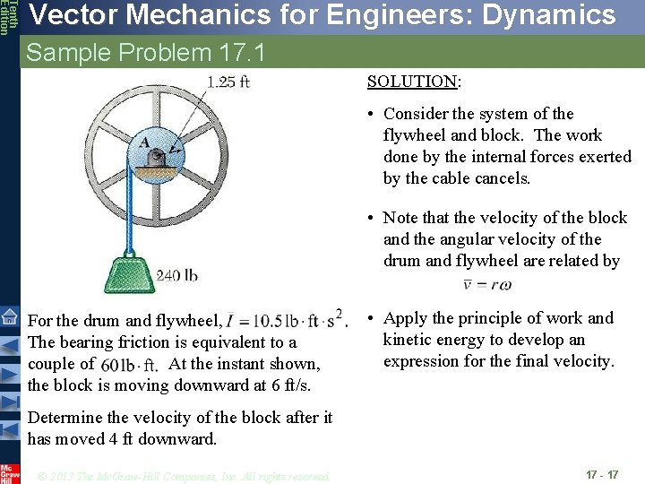 Tenth Edition Vector Mechanics for Engineers: Dynamics Sample Problem 17. 1 SOLUTION: • Consider