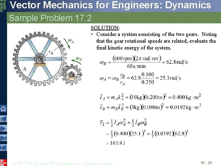Tenth Edition Vector Mechanics for Engineers: Dynamics Sample Problem 17. 2 SOLUTION: • Consider