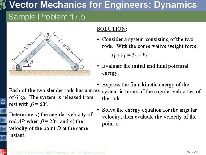 Tenth Edition Vector Mechanics for Engineers: Dynamics Sample Problem 17. 5 SOLUTION: • Consider