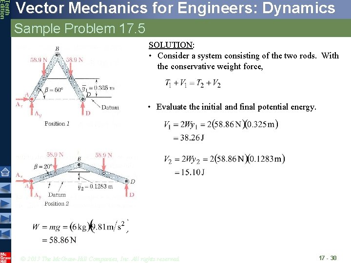 Tenth Edition Vector Mechanics for Engineers: Dynamics Sample Problem 17. 5 SOLUTION: • Consider