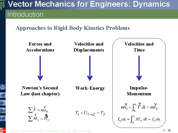 Tenth Edition Vector Mechanics for Engineers: Dynamics Introduction Approaches to Rigid Body Kinetics Problems