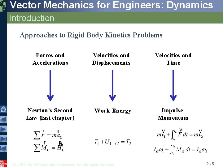 Tenth Edition Vector Mechanics for Engineers: Dynamics Introduction Approaches to Rigid Body Kinetics Problems