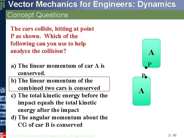 Tenth Edition Vector Mechanics for Engineers: Dynamics Concept Questions The cars collide, hitting at