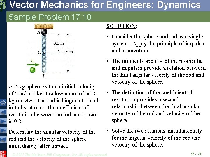 Tenth Edition Vector Mechanics for Engineers: Dynamics Sample Problem 17. 10 SOLUTION: • Consider