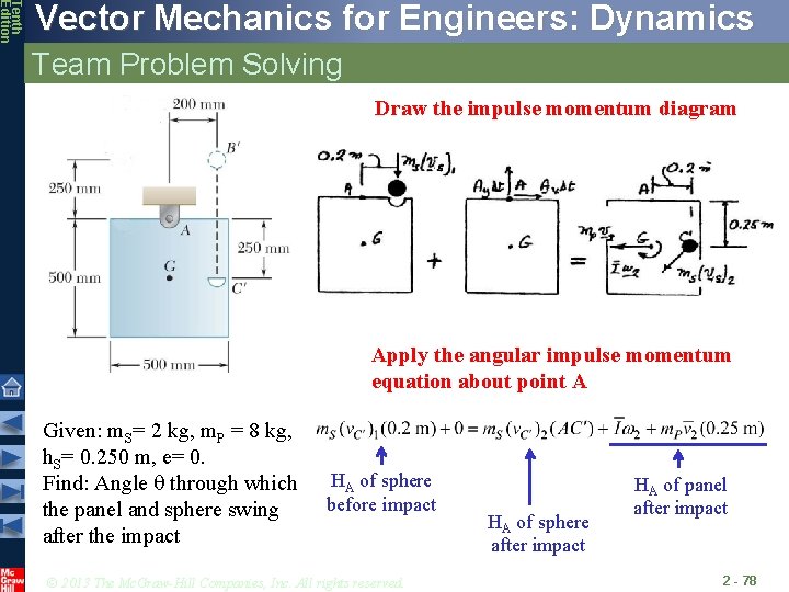 Tenth Edition Vector Mechanics for Engineers: Dynamics Team Problem Solving Draw the impulse momentum
