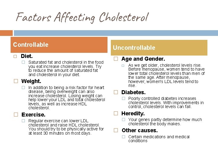Factors Affecting Cholesterol Controllable � Diet. � Saturated fat and cholesterol in the food