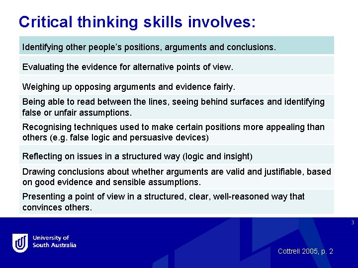 Critical thinking skills involves: Identifying other people’s positions, arguments and conclusions. Evaluating the evidence