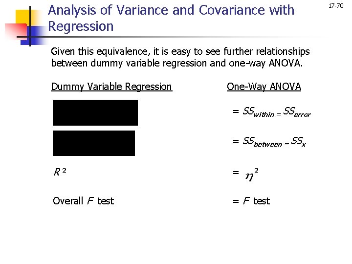 Analysis of Variance and Covariance with Regression Given this equivalence, it is easy to