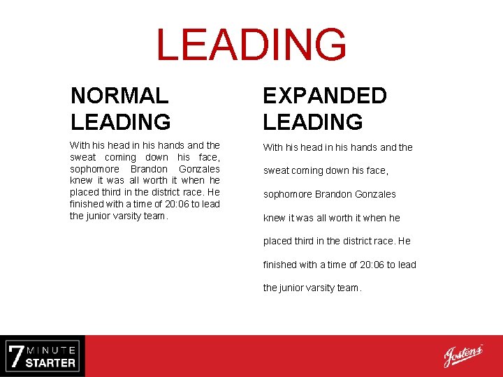 LEADING NORMAL LEADING EXPANDED LEADING With his head in his hands and the sweat