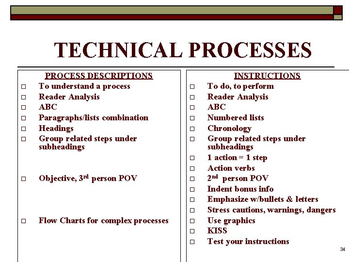 TECHNICAL PROCESSES o o o PROCESS DESCRIPTIONS To understand a process Reader Analysis ABC