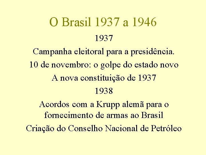 O Brasil 1937 a 1946 1937 Campanha eleitoral para a presidência. 10 de novembro: