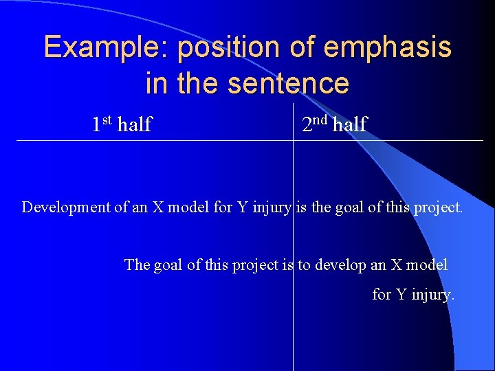 Example: position of emphasis in the sentence 1 st half 2 nd half Development