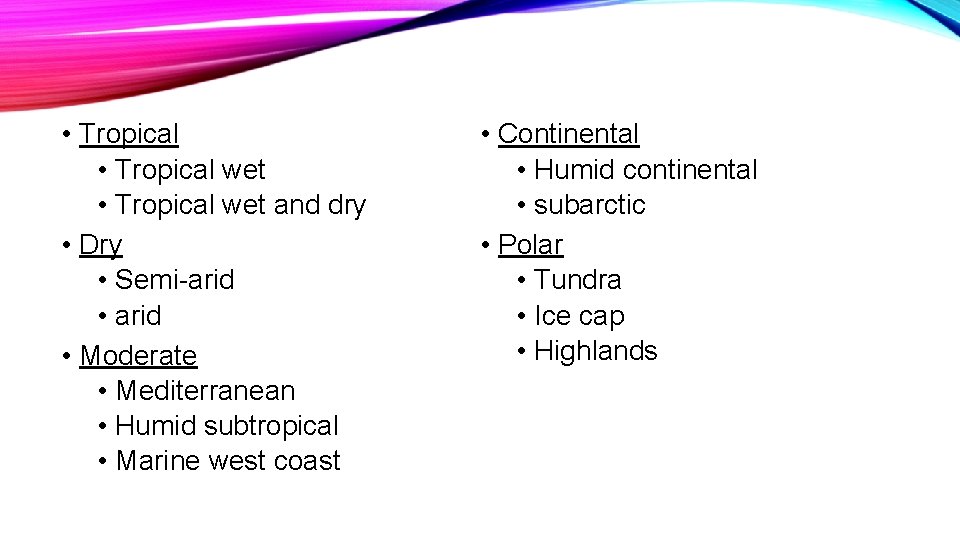  • Tropical wet and dry • Dry • Semi-arid • Moderate • Mediterranean