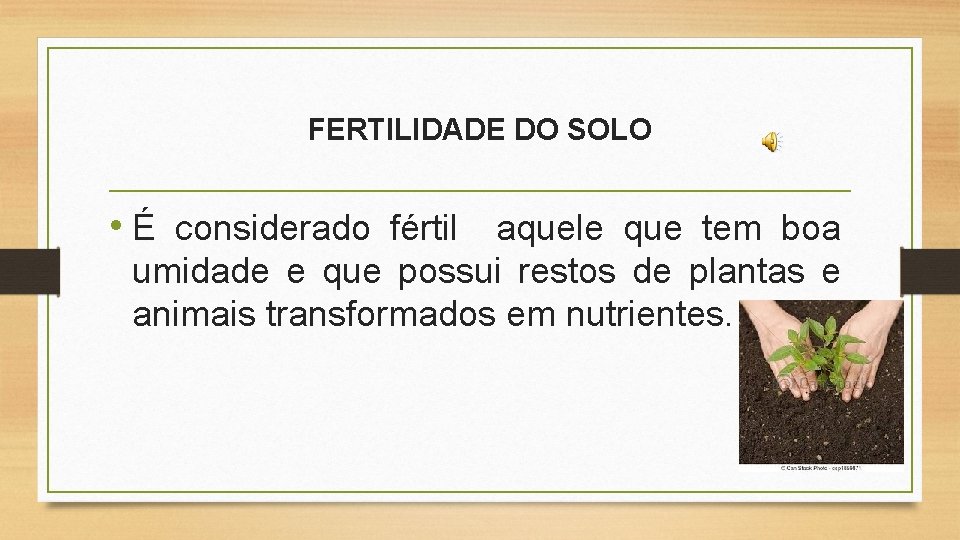 FERTILIDADE DO SOLO • É considerado fértil aquele que tem boa umidade e que