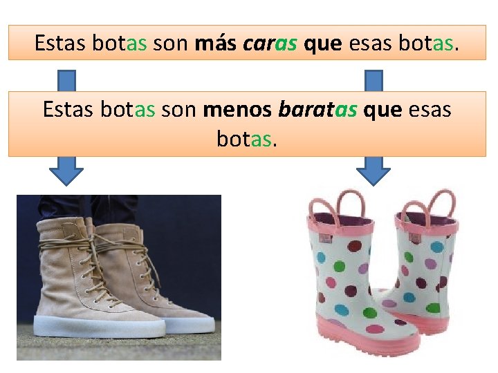 Estas botas son más caras que esas botas. Estas botas son menos baratas que