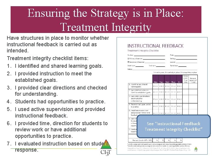 Ensuring the Strategy is in Place: Treatment Integrity Have structures in place to monitor