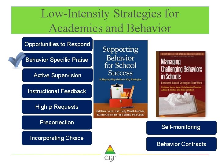 Low-Intensity Strategies for Academics and Behavior Opportunities to Respond Behavior Specific Praise Active Supervision