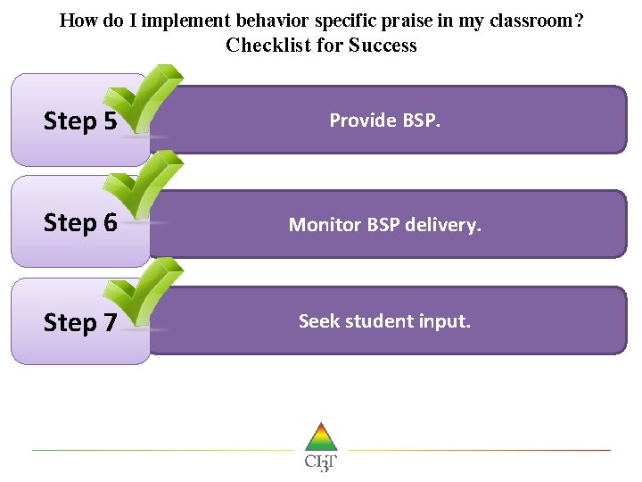 How do I implement behavior specific praise in my classroom? Checklist for Success Step