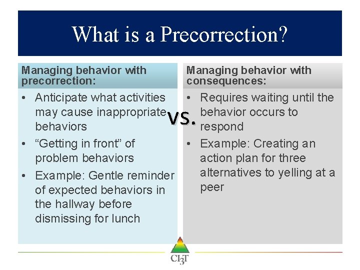 What is a Precorrection? Managing behavior with precorrection: Managing behavior with consequences: • Anticipate