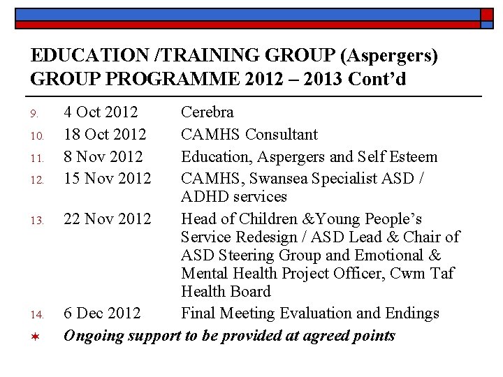 EDUCATION /TRAINING GROUP (Aspergers) GROUP PROGRAMME 2012 – 2013 Cont’d 9. 10. 11. 12.