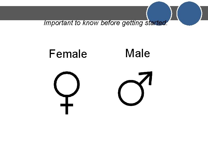 Important to know before getting started: Female Male 