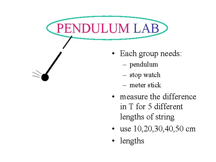 PENDULUM LAB • Each group needs: – pendulum – stop watch – meter stick