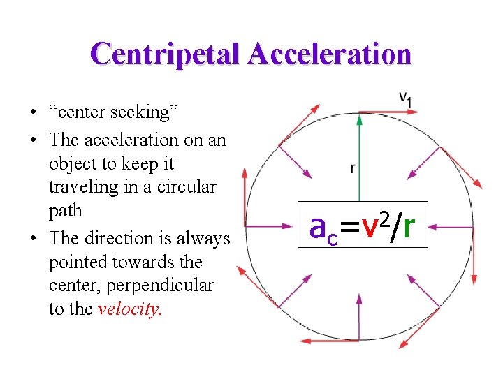 Centripetal Acceleration • “center seeking” • The acceleration on an object to keep it