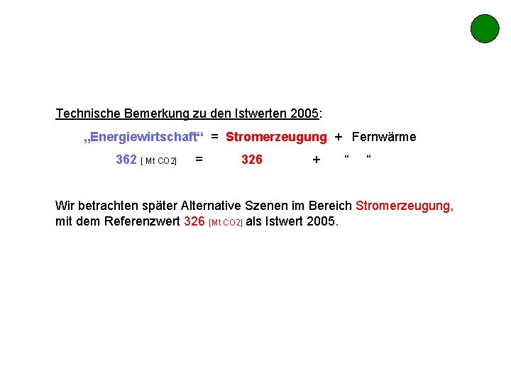 Technische Bemerkung zu den Istwerten 2005: „Energiewirtschaft“ = Stromerzeugung + Fernwärme 362 [ Mt