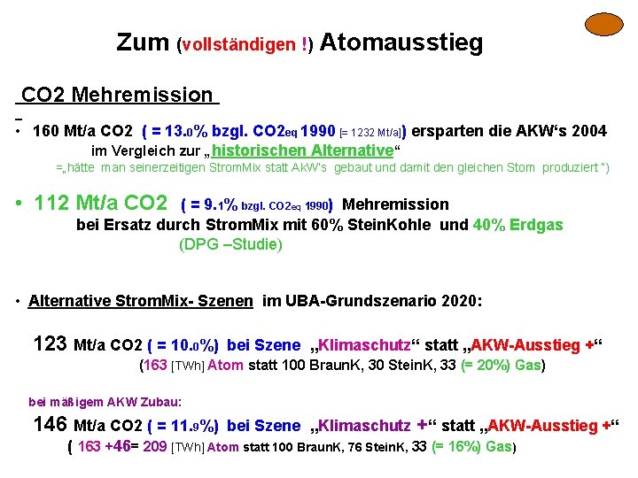 Zum (vollständigen !) Atomausstieg CO 2 Mehremission • 160 Mt/a CO 2 ( =